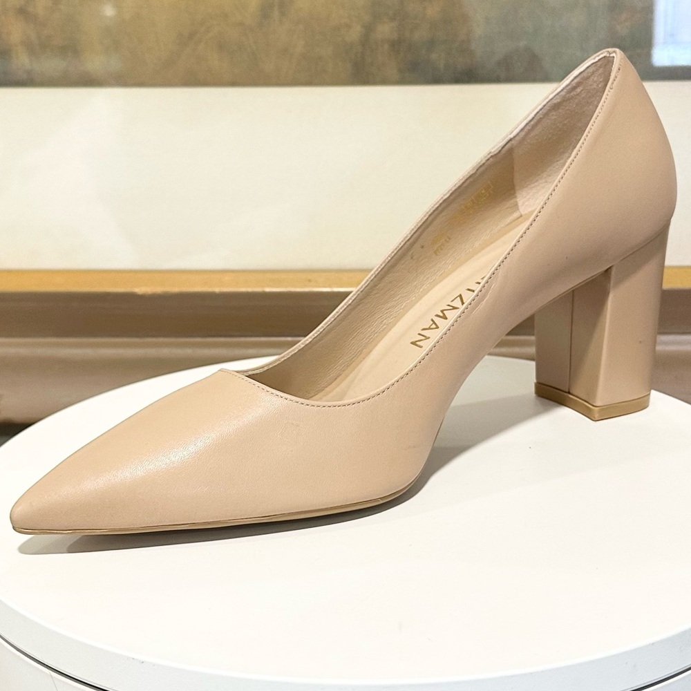 Stuart Weitzman Pointed Toe Block Heel Pumps in Nude